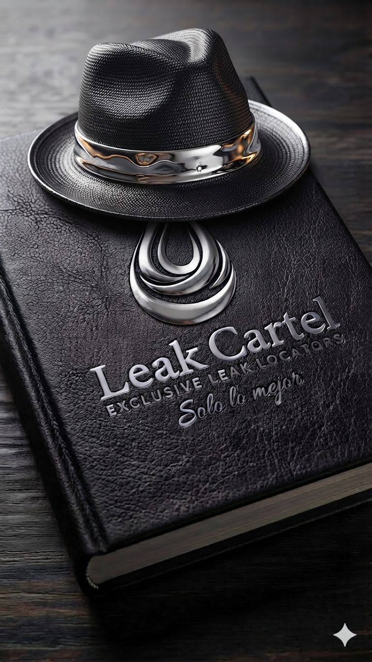 Leak Cartel: a black fedora with a chrome band resting on a black leather book embossed with the Leak Cartel emblem, a mercury water drop, and the words Exclusive Leak Locators, Solo lo mejor